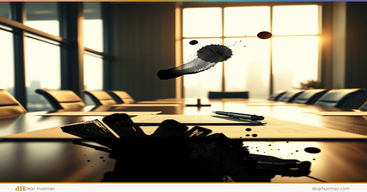 Corporate boardroom with financial documents and handshake, overlaid with bold sumi-e ink wash strokes